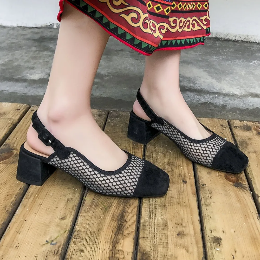 

Women's genuine suede leather bordered mesh high hee sandals thick heel comfort summer slingback sandalias high quality shoes