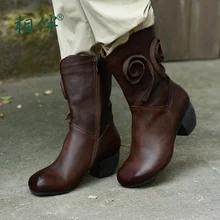 2017 zapatos de mujer de cuero genuino Mujeres botas volver zip zapatos Matin botas de las mujeres de mitad de la pantorrilla de cuero natural