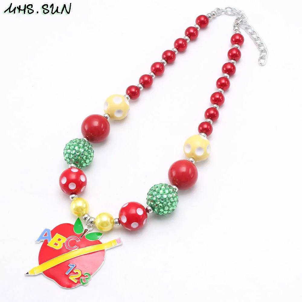 

MHS.SUN Fashion Apple Pendant Chunky Beads Necklace For Girls Kids Cute Back School Necklace Baby Chunky Beaded Jewelry For Gift