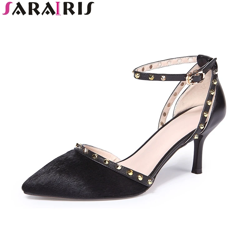 

SARAIRIS 2019 summer new brand genuine leather & horsehair sandals elegant noble high thin heels shoes woman party