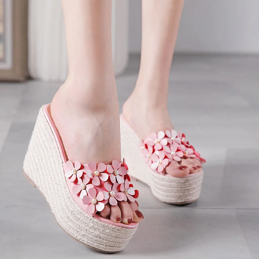 

hemp rope woven Platform Sandals Artificial Flowers Sweet chaussures femme Height Increasing Non-Slip Seaside Lazy chanclas mujer