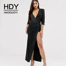 HDY Haoduoyi, западный стиль, сексуальное одноцветное платье с глубоким v-образным вырезом и длинным рукавом, с разрезом, для офиса