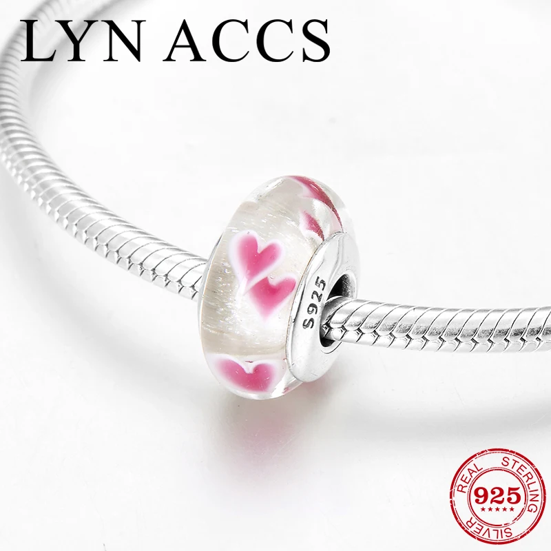 

New 925 Sterling Silver DIY deep pink Heart clear Bubble Murano Glass Beads Fit Original Pandora Charms Bracelet Jewelry making