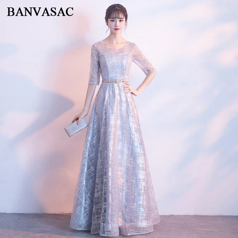 

BANVASAC Sequined O Neck Crystal Sash 2018 A Line Long Evening Dresses Lace Half Sleeve Backless Party Prom Gowns
