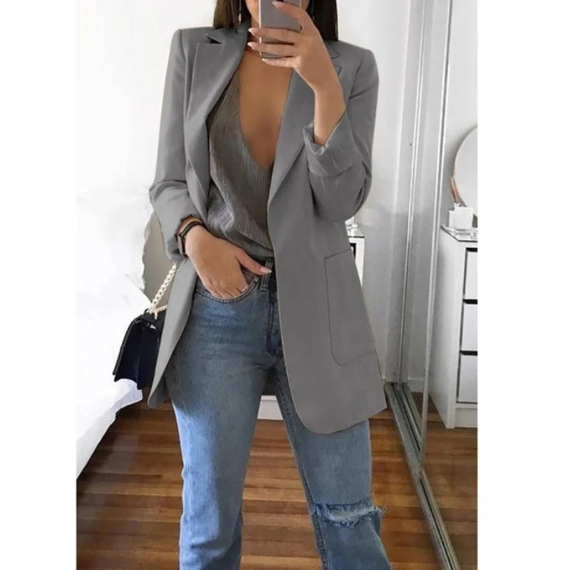 OL commuter solid color lapel suit collar long-sleeved cardigan loose long women's blazer OL commuter solid color lapel suit collar long-sleeved cardigan loose long women's blazer