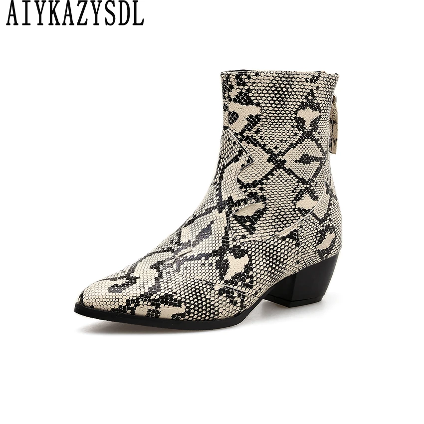 

AIYKAZYSDL Women Snakeskin print Faux Leather Ankle Boots Clubwear Shoes Block Square Low Heel Short Plush Fleece Bootie Shoes