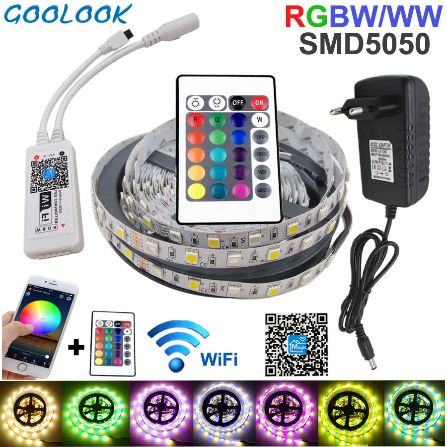 

5050 RGBW Wifi Controller LED Strip Light 5M 60led/m Waterproof RGBW RGBWW Stripe Flexible Tape Diode Ribbon DC 12V Adapter Set