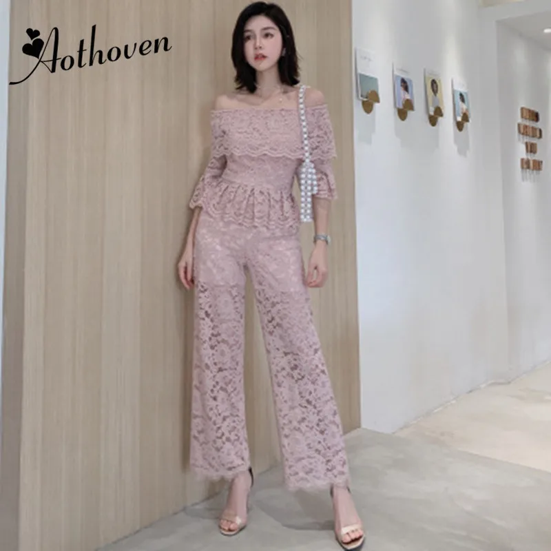 

OL Office Ladies 2 Pieces Set Women Suit Ruffles Flare Sleeve Slash Neck Top and Bell-bottom Pants Elegant Lace Two Piece Set