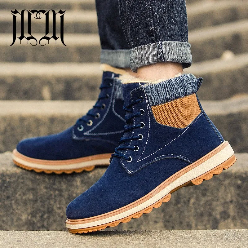 Goede MUMUELI Pluche Blauw Bruin Zwart Lederen 2018 Designer Casual Hout Land Mannen Schoenen Hoge Top Kwaliteit Mode Platte Merk Laarzen m99