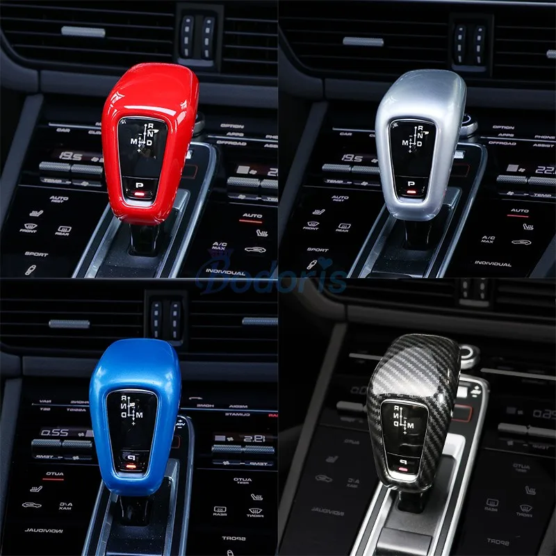 

For Porsche Cayenne 2018 2019 Interior Blue Silver Carbon Fiber Gear Knob Cover Handle Shift Overlay Car Styling Accessories