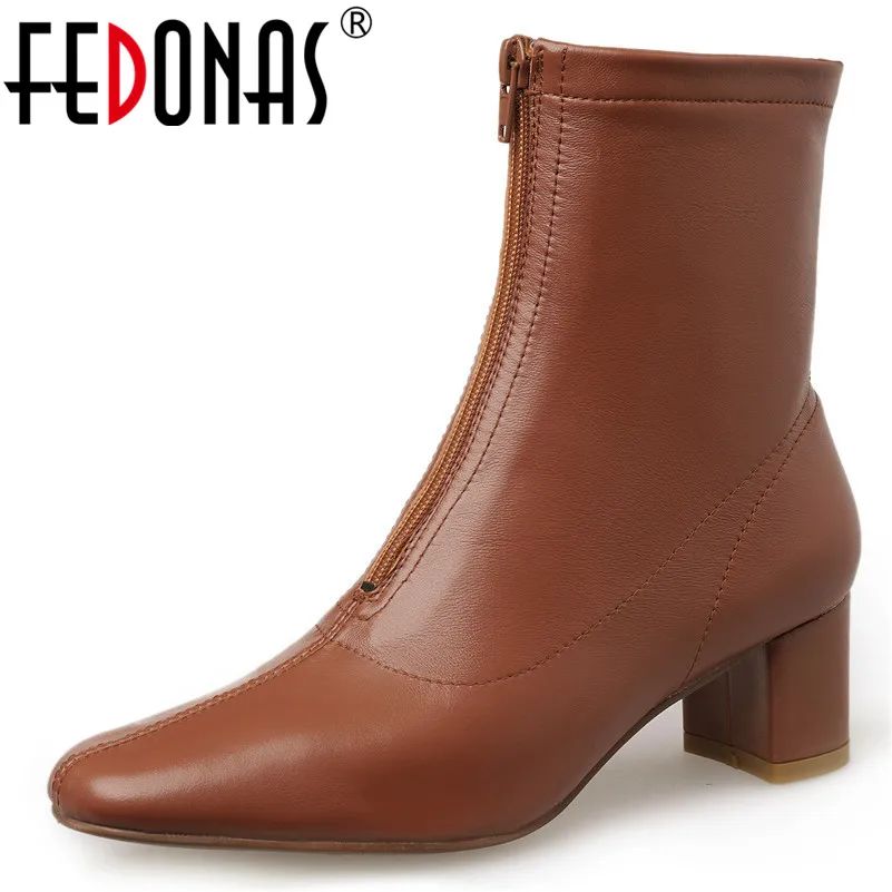 

FEDONAS Autumn Winter New Fashion Square Toe High Heels Women Ankle Boots Genuine Leather Chelsea Boots Party Office Basic Shoes