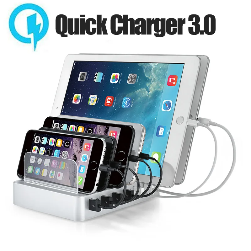 

Multi Device Charging Station with QC 3.0 Quick Charge, 6-Port USB Charger Docking Station with Watch Stand
