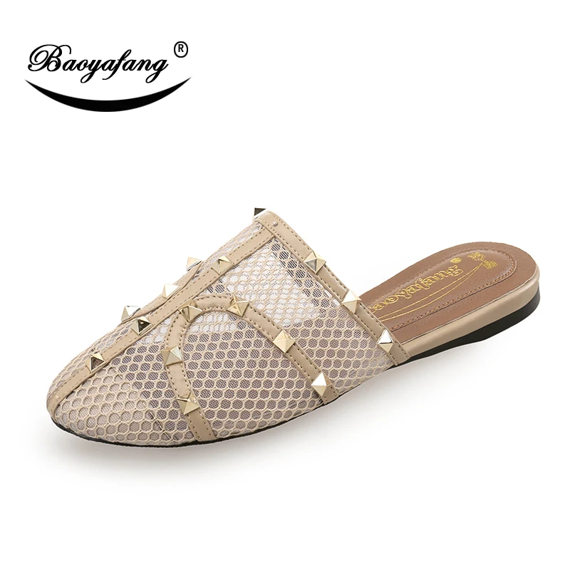 

BaoYaFang 2018 New arrive Flat shoes Woman Mesh Summer shoes Rivet fashion shoes for woman