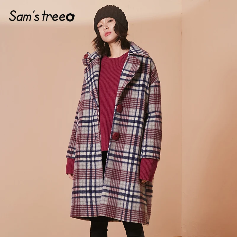 

SAM'S TREE Red Plaid H Line Brit Graphics Casual Wool Coat Women 2019 Winter Single Button Regular Sleeve Female Oversived Coat