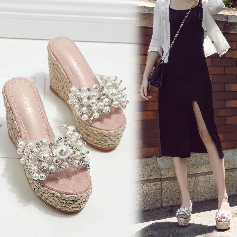 

summer women transparent slip-ons slippers pearl crystal platform wedges shoes straw knitted muffins slides cozy beach flipflops
