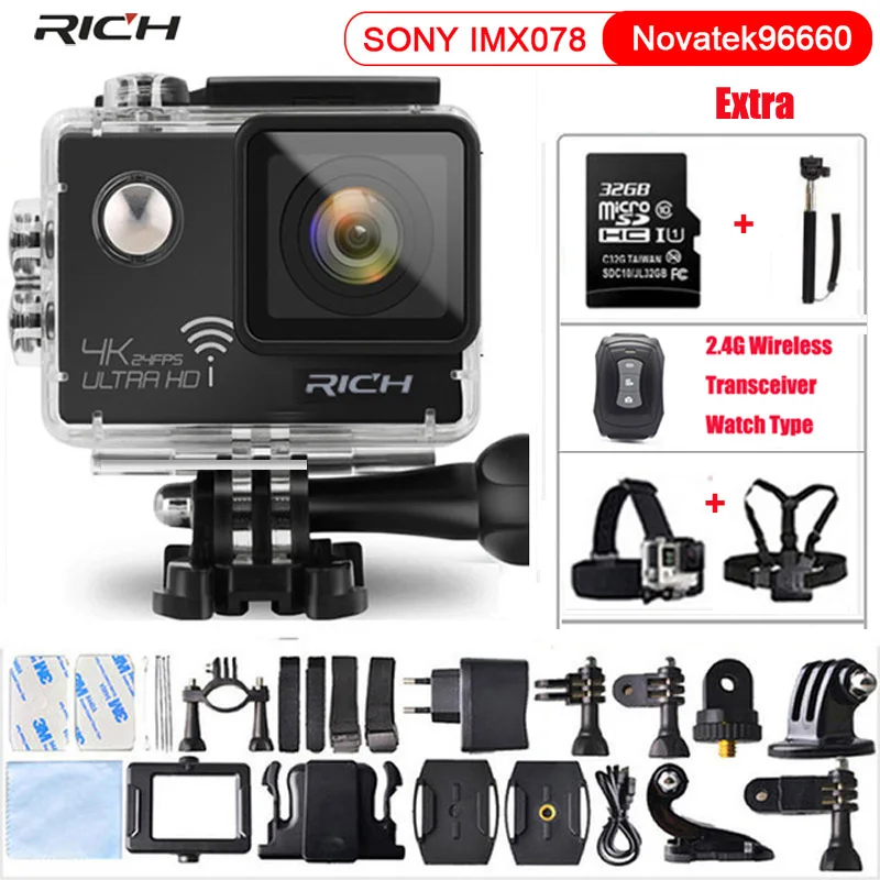 

RICH Action Camera Ultra HD 4K/24fps Wifi Gyro Sports NTK96660 1080P 60fps Diving Style Waterproof 30M Sport Camera