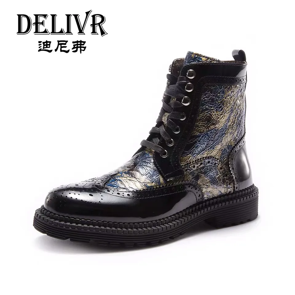 

Delivr Genuine Leather Men Boots 2019 New Spring Ankle Boots Carved Bullock Thick Bottom Punk Business Boot Shoes Men Men's Boot