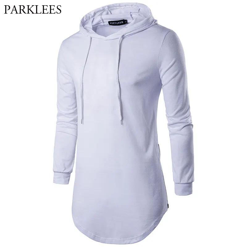 

Longline Men Hooded T Shirt 2018 New Fashion Side Zipper Extra Long Hoodies T-shirt Men Long Sleeve Hip Hop Streetwear Tshirt