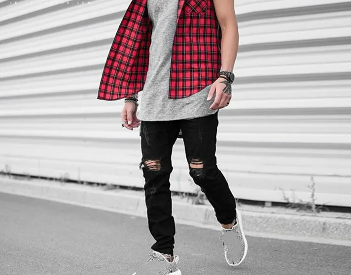 Knee Ripped Hole Biker Jeans Men Denim Destroyed Slim Fit Zippers Jeans Fashion Trousers Black Streetwear Hip Hop Pants Jogger