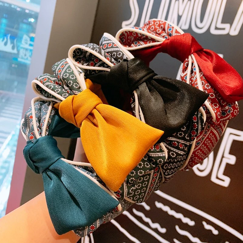 

Women Fashion Headband Chinese Style National Simulation Silk Stitching Double-Layer Bow Hair Hoop Girls Elastic Headwrap