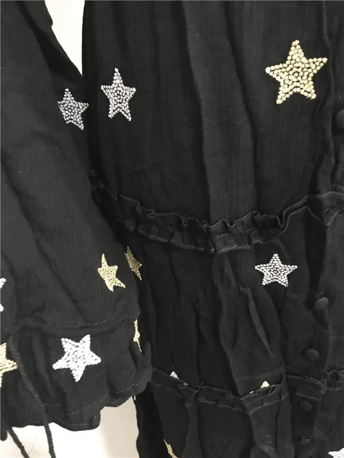 Богемный V шеи вышивка звезда с длинным рукавом платье длиной до лодыжки Для женщин однобортный кнопку макси длинные платья праздник
