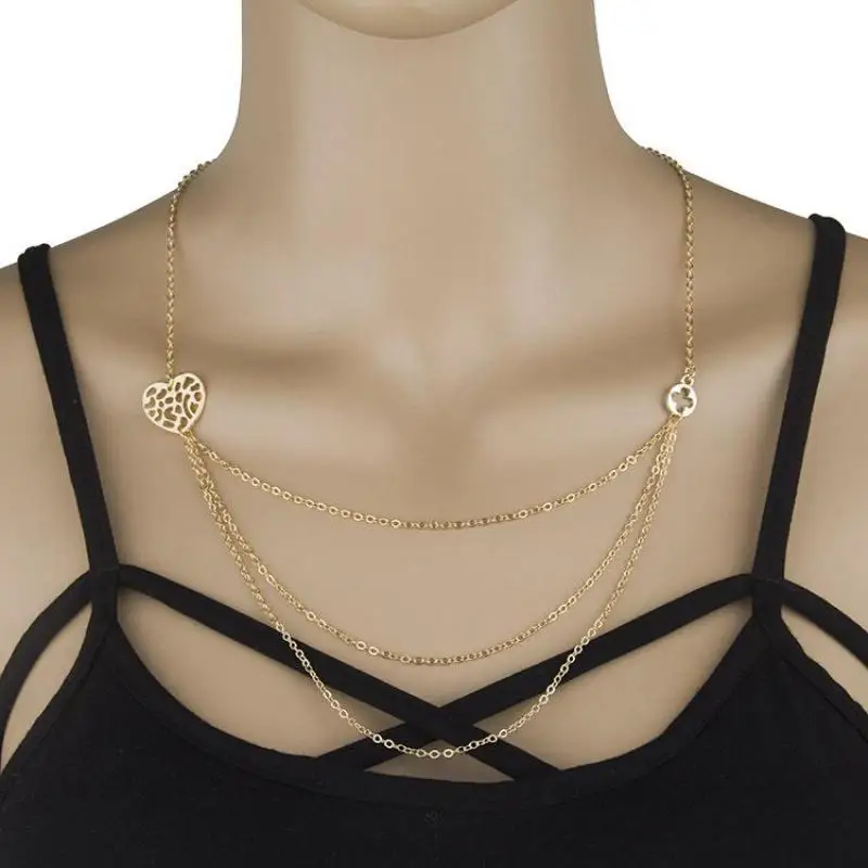 New Multi Layer Heart Design Clover Gold Chain Choker Necklace Pendant