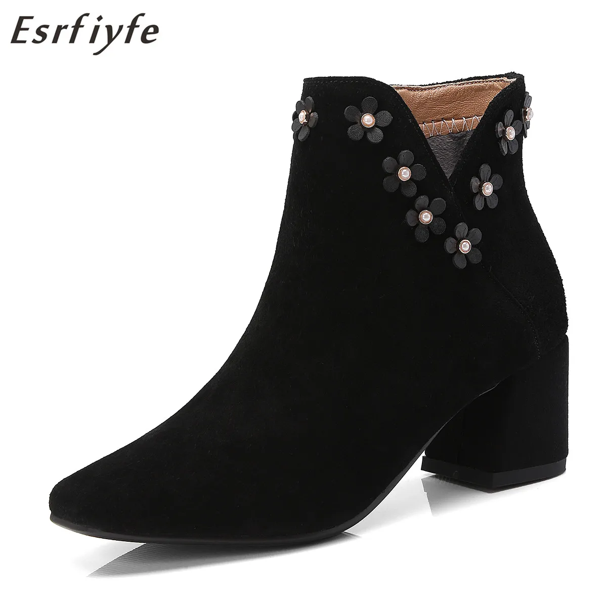 

ESRFIYFE 2019 New Cow Suede Antumn Women Ankle Boots Square High Heel Pointed Toe Shoes Woman Flower Pearl Elegance Ladies Boots