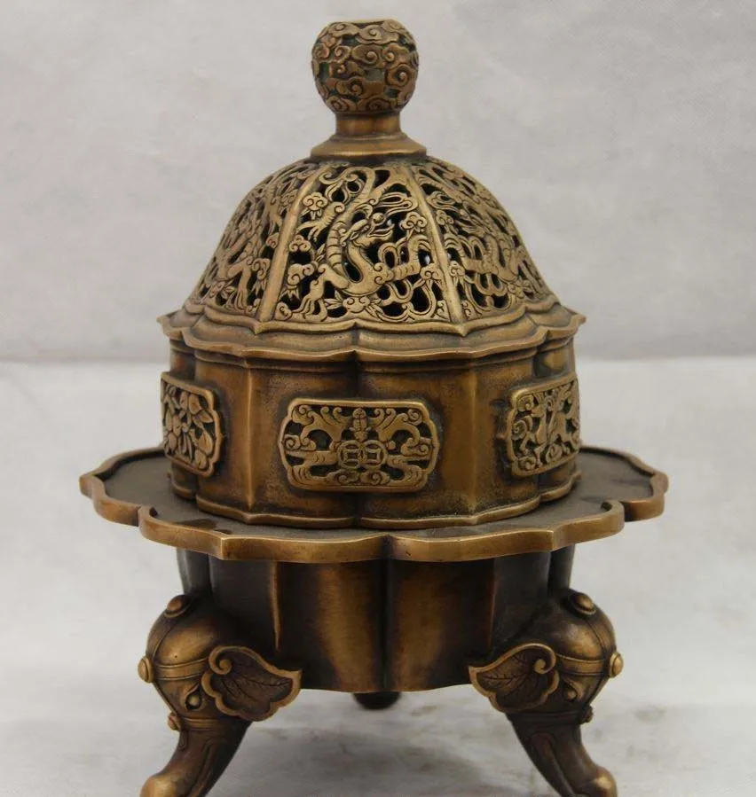 

Chinese Palace Bronze Copper Dragon Bat Fu Elephant Feet Incense Burner Censer