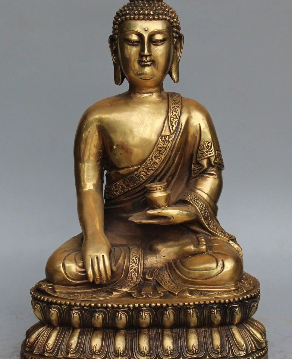 

18" Chinese Tibet Bronze Shakyamuni Sakyamuni Buddha Hold bowl On Lotus Statue