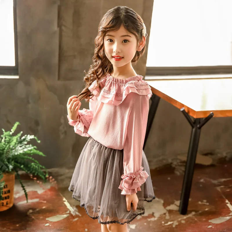  New Girls Blouse Spring Summer Children Chiffon Shirt Kids Clothes Long Sleeve Ruffle School Girls 