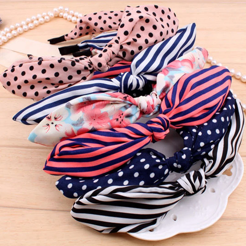 

Sale Floral print Women Headband Cloth Bowknot stripe Hair band For Girls Rabbit Ears Hair Accessories
