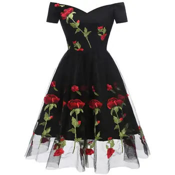 

Elegant Women Rose Embroidery Dress for Valentine's Day Vintage Off Shoulder Tulle Spliced Midi Pleated Dress for Cocktail Party