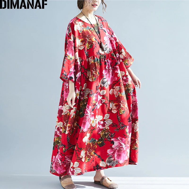 DIMANAF размера плюс, женское пляжное платье, летний сарафан, большой размер, с принтом «летучая мышь», цветочный принт, женское платье, свободное, женское льняное платье, 5XL, 6XL