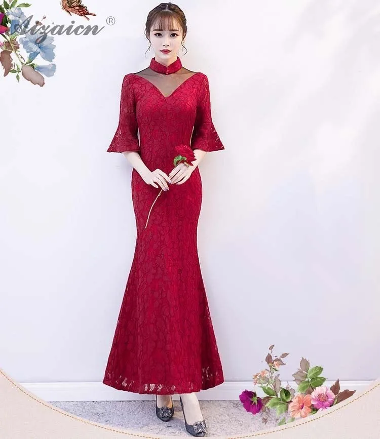 Сезон: весна–лето Мода Кружева Cheongsam Современные длинные платья русалки Для женщин Китайский вечернее платье Oriental Стиль красные пикантные