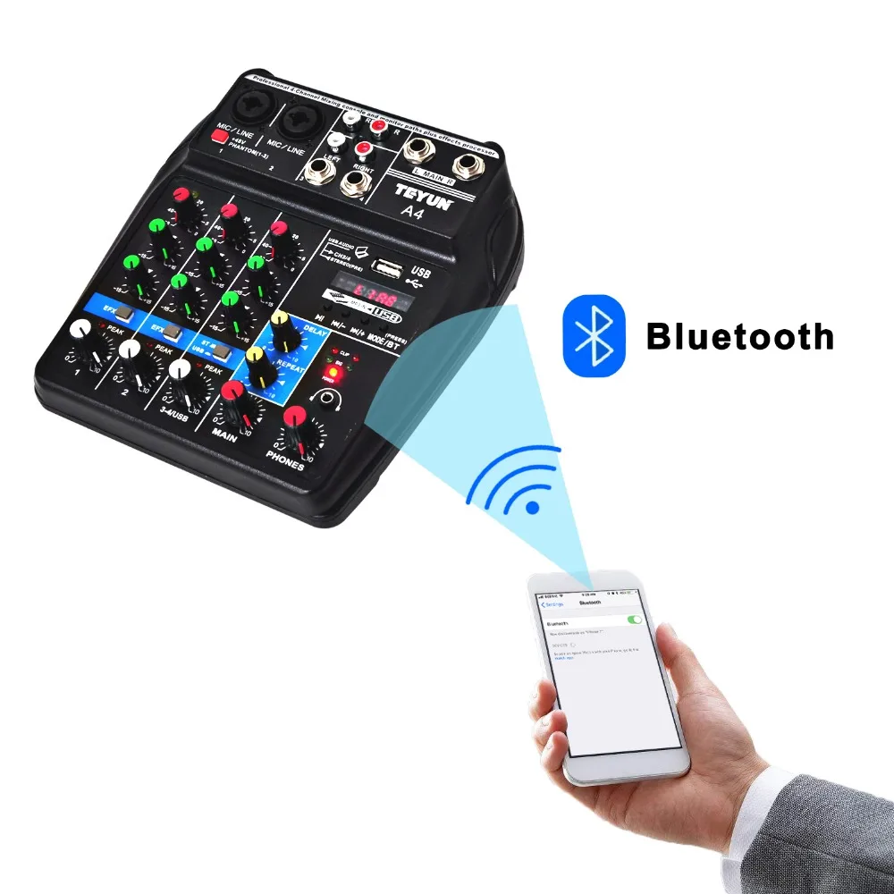 A4 микшерный пульт Bluetooth USB Запись воспроизведения компьютера 48 В фантомное питание задержка Repaeat эффект 4 канала USB аудио микшер