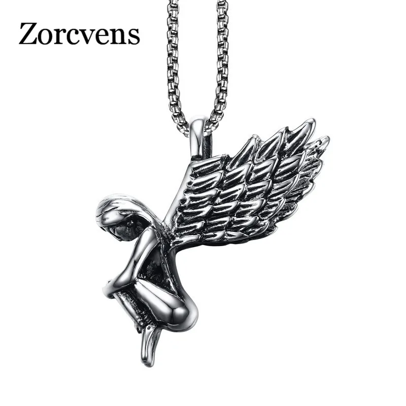 

ZORCVENS Men Necklaces Angel Wings Stainless steel Pendant Choker Fashion Jewelry Unisex Gold-color Silver-color Gift