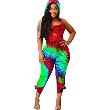 

2019 women rompers sleeveless backless flare sexy jumpsuit summer tie dye print hooded bodycon jumpsuit overalls