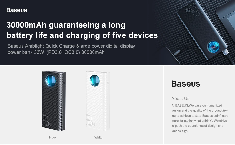 Baseus 30000 мАч портативное зарядное устройство для iPhone samsung Xiaomi 4 USB PD3.0 QC 3,0 быстрое зарядное устройство Внешняя батарея повербанк
