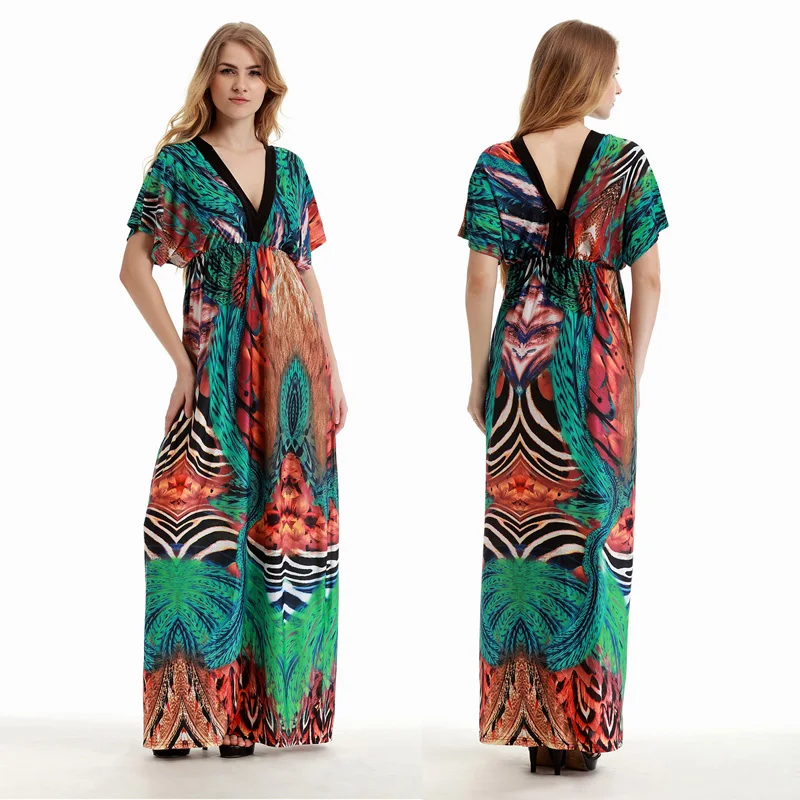 

L~6XL Plus Size NEW Summer Women Sexy Fashion V-neck Novelty Floral Print Batwing Sleeve Chiffon Bohemian Big Long Beach Dress