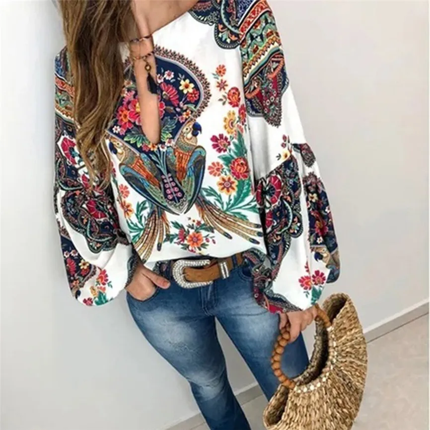

Lange Mouwen Chemisier Women Casual V-Neck Long Latern Sleeve Printed Loose Pullover Top Blouse Blouses Femme t 2019