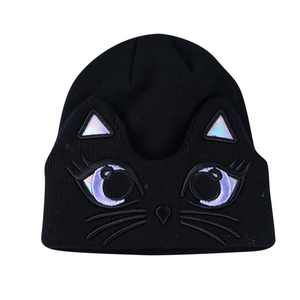 

Women Ladies Winter Warm Cartoon Cat Embroidery Knitted Sleeve Hat Plus Velvet Wool Cap Black,White Color