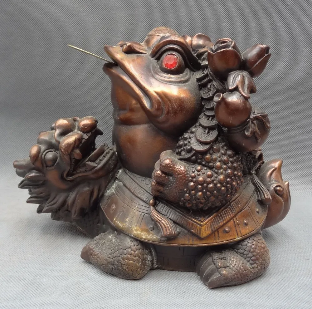 

11" Chinese Bronze FengShui Gourd Coin Hoptoad Toad Ride Dragon Turtle Statue