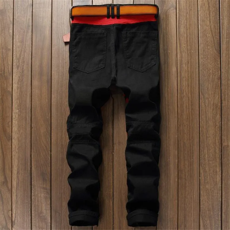 Fashion high quality patchwork black red patch jeans for men with zipper slim straight stretch bikers moto denim stylish pants
