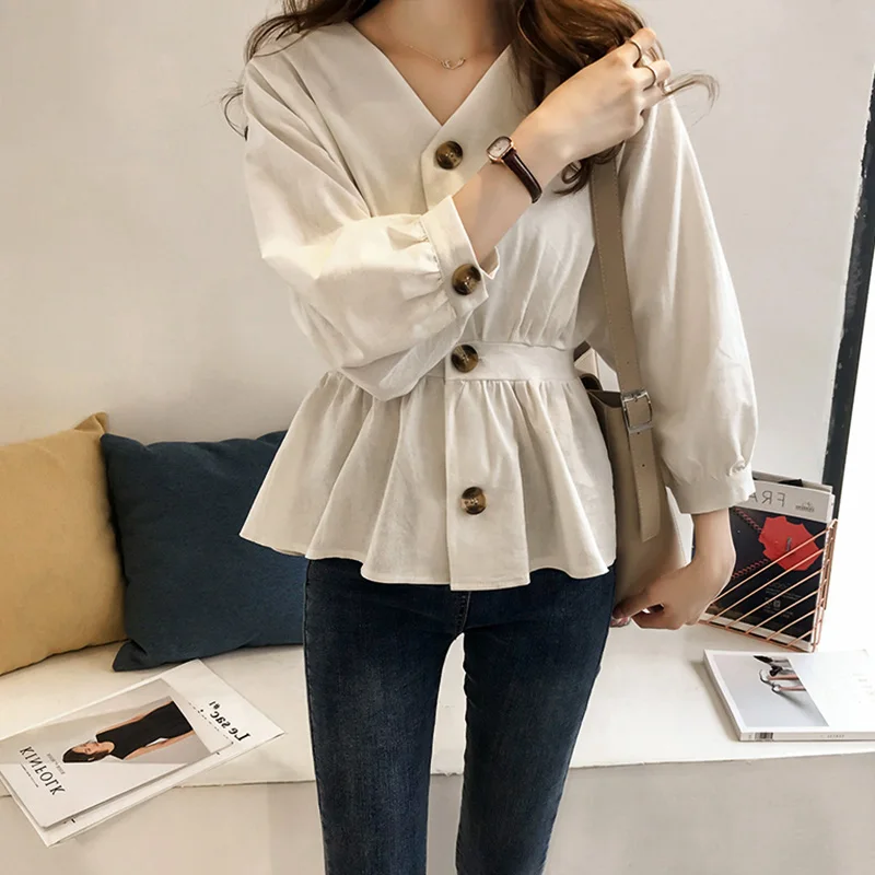 

Mazefeng 2019 Spring Women Vintage Shirts Loose Style Shirts Women Casual Shirts Ladies Fashional Women Tops V-Neck Waistband
