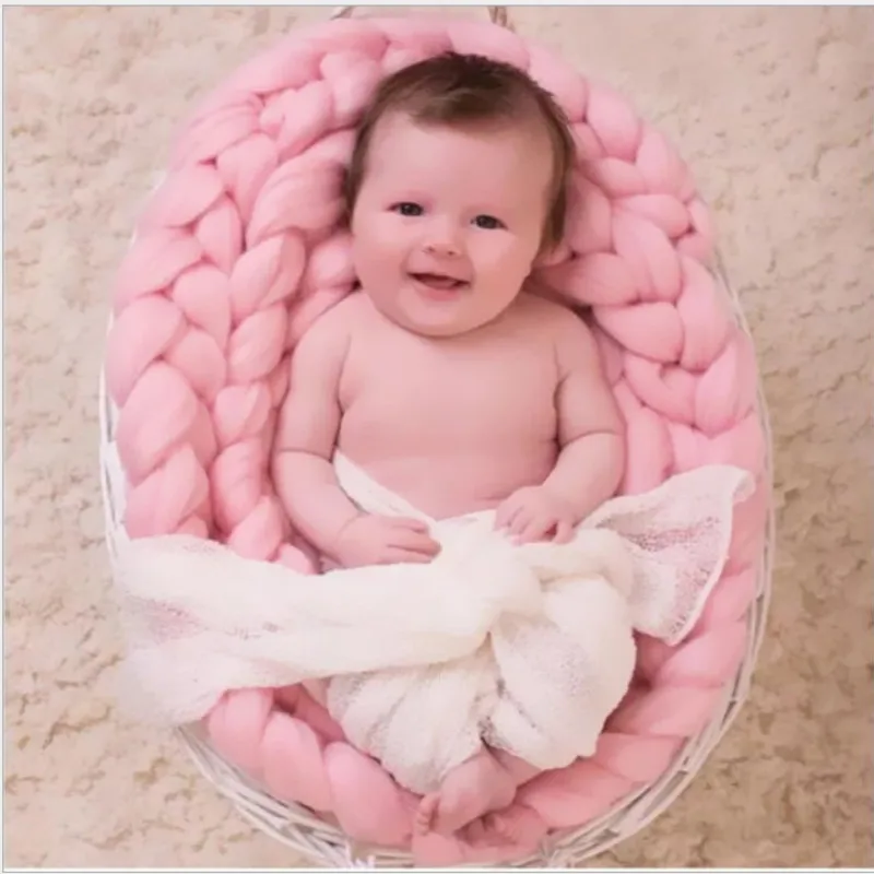 

High Quality Baby Blanket Hand-knitted Wool Crochet Newborn Photography Props Chunky Knit Blanket Basket Filler