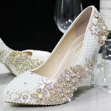 Distinguished Luxury Pearl Sparkling Glass Slipper Bridal Shoes Wedding shoes High Heels Dress shoes wedding shoes