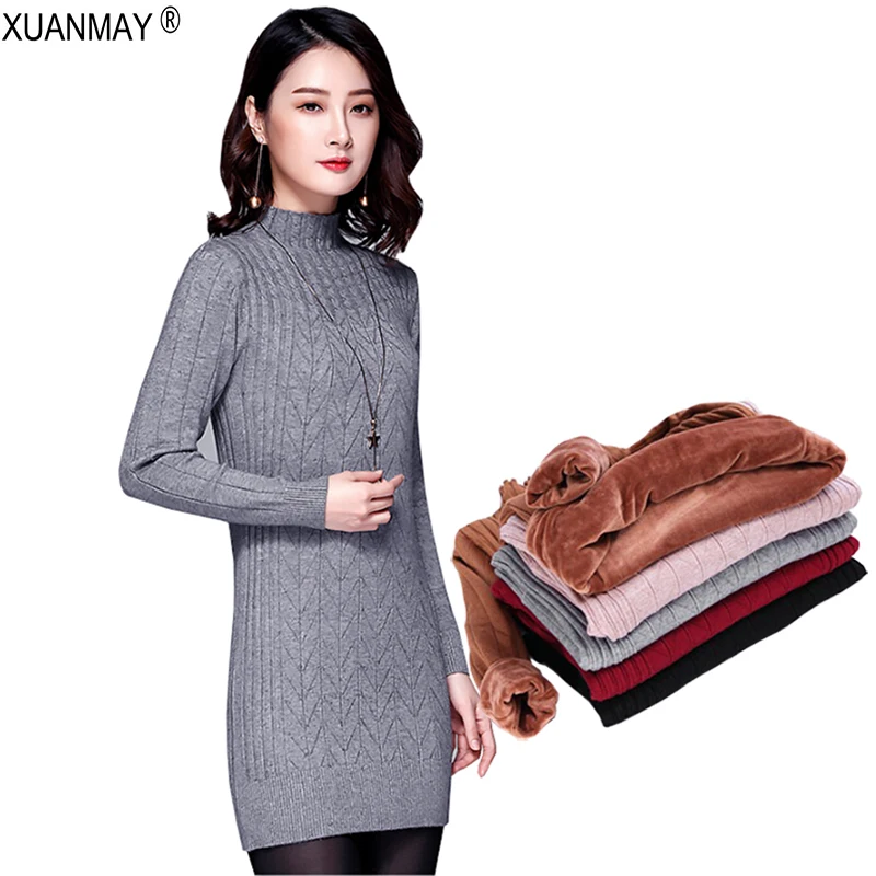 

2017 winter Long section Thick velvet lining Turtleneck Sweater Women Slim was thin Black Thick pullover Long-sleeved sweater