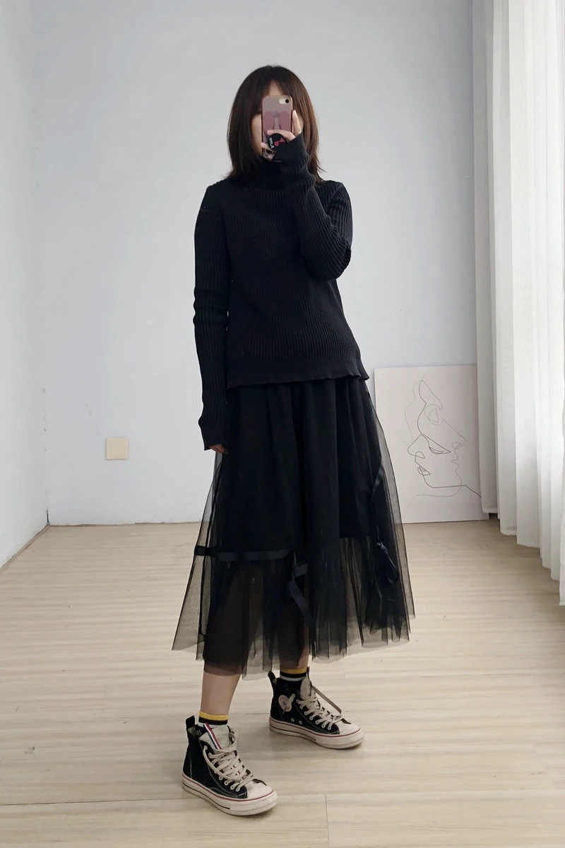 Осенняя и зимняя новая сетчатая юбка женская бюст юбка А-силуэта темно-черная юбка двухслойная половина скольжения