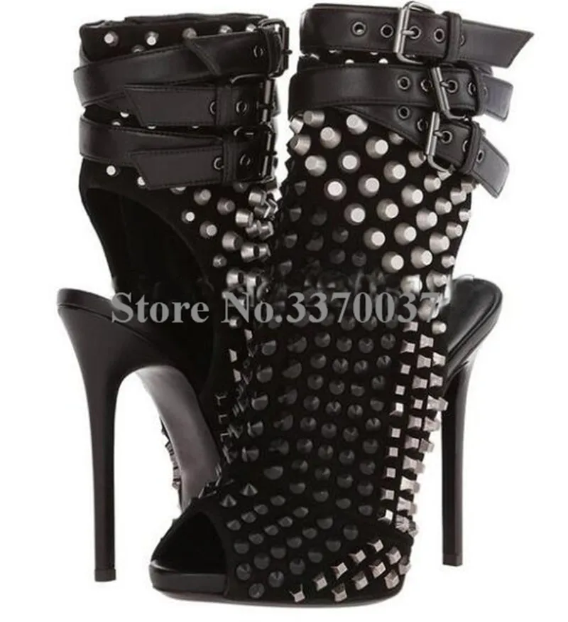 New Fashion Women Open Toe Rivet Ankle High Heel Boots Cutout Ankle