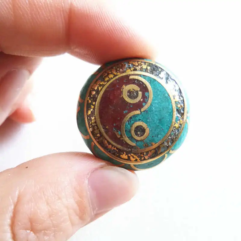 

NBB110 Nepal Handmade Beads Inlay Colorful Stone Big Drum Bead Taiji